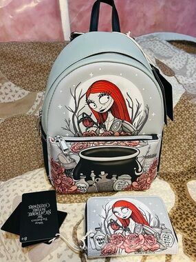 Disney Jack Skellington Sally Red Hair Gray Backpack with Matching Wallet